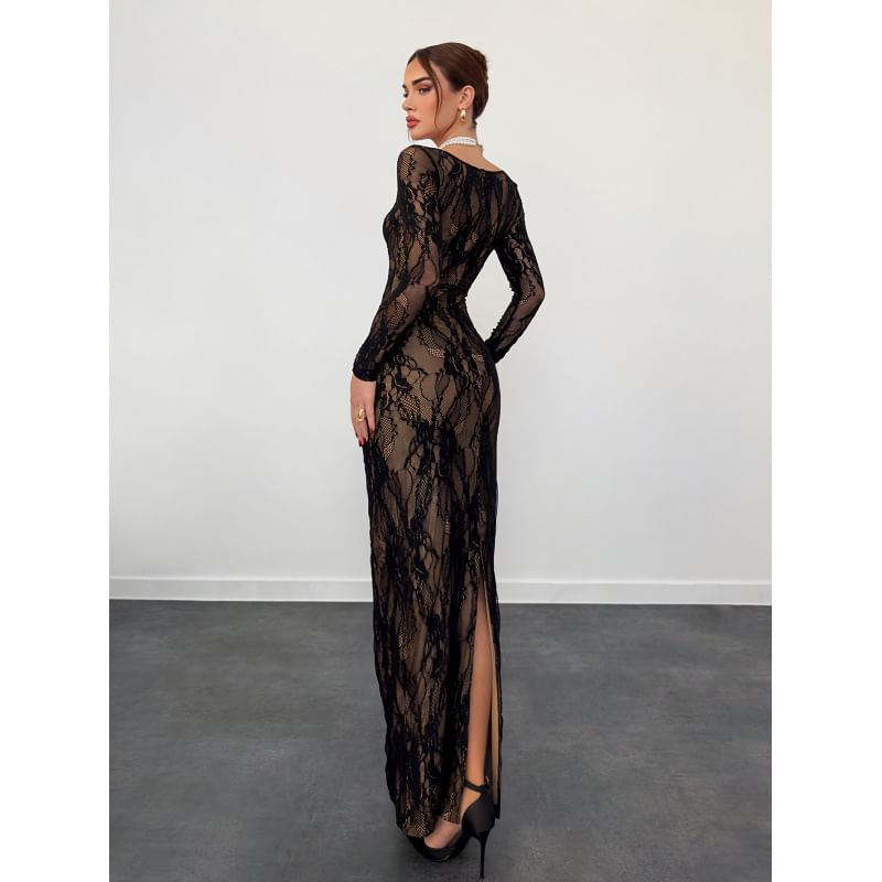 Long-Sleeve Square Neck Slit Lace Maxi Sheath Dress