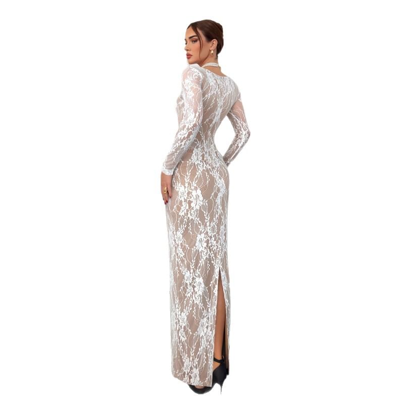 Long-Sleeve Square Neck Slit Lace Maxi Sheath Dress