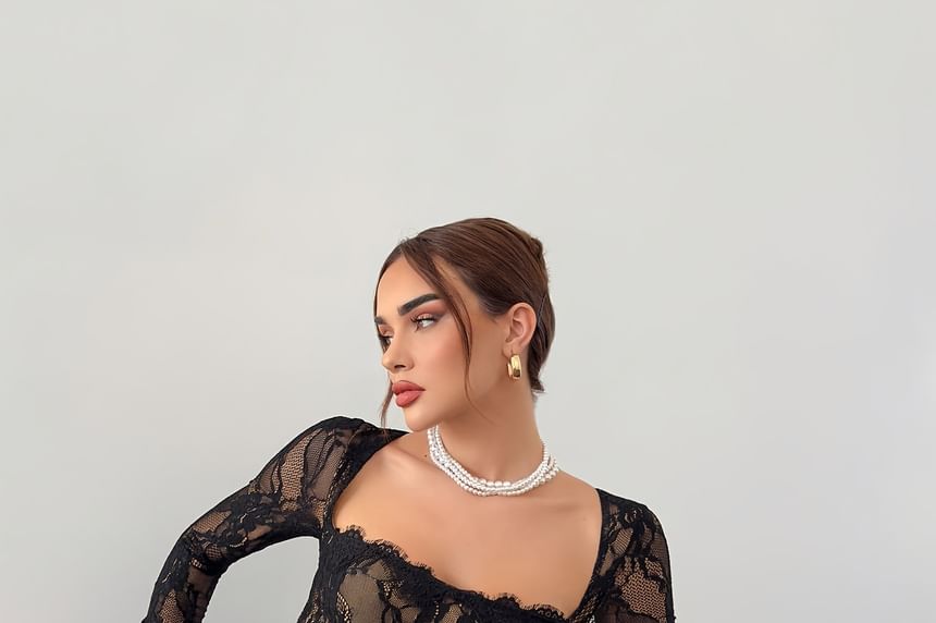 Long-Sleeve Square Neck Slit Lace Maxi Sheath Dress