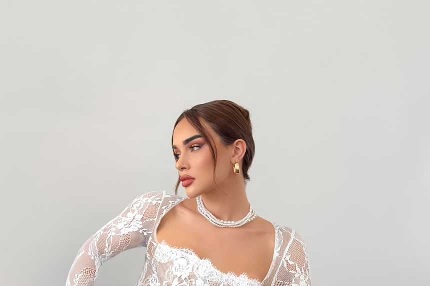 Long-Sleeve Square Neck Slit Lace Maxi Sheath Dress