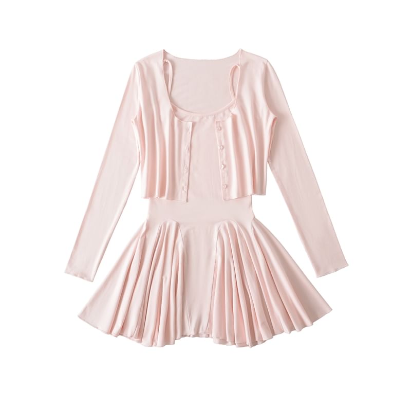 Set: Spaghetti Strap Scoop Neck Plain Mini A-Line Dress + Plain Cardigan
