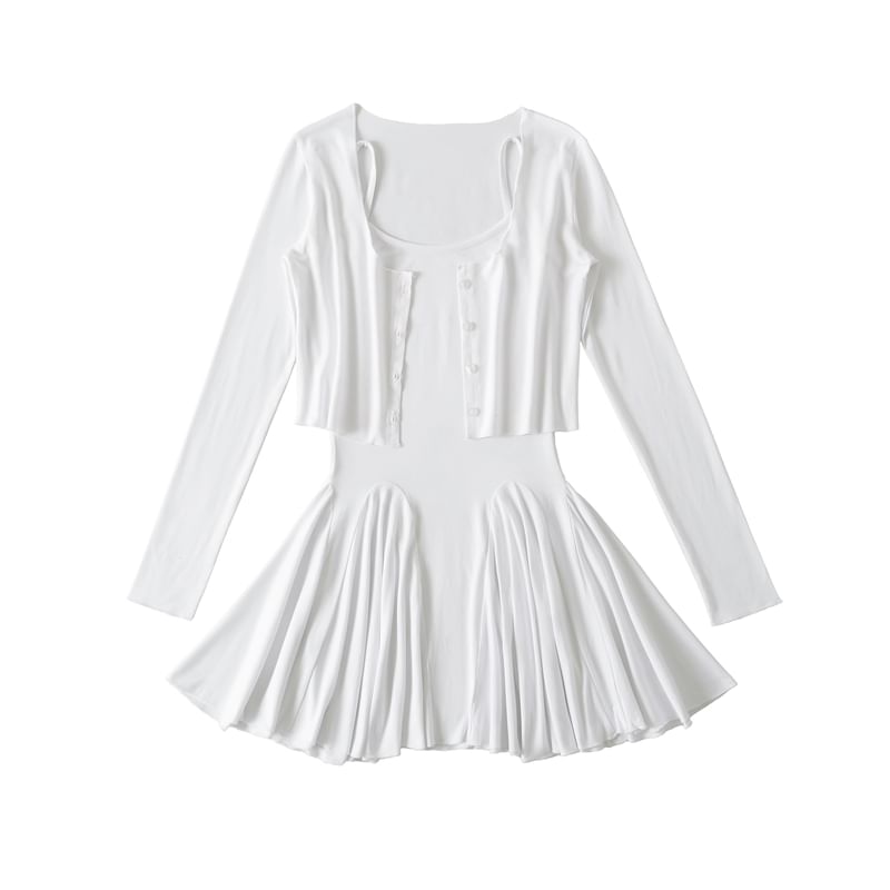 Set: Spaghetti Strap Scoop Neck Plain Mini A-Line Dress + Plain Cardigan