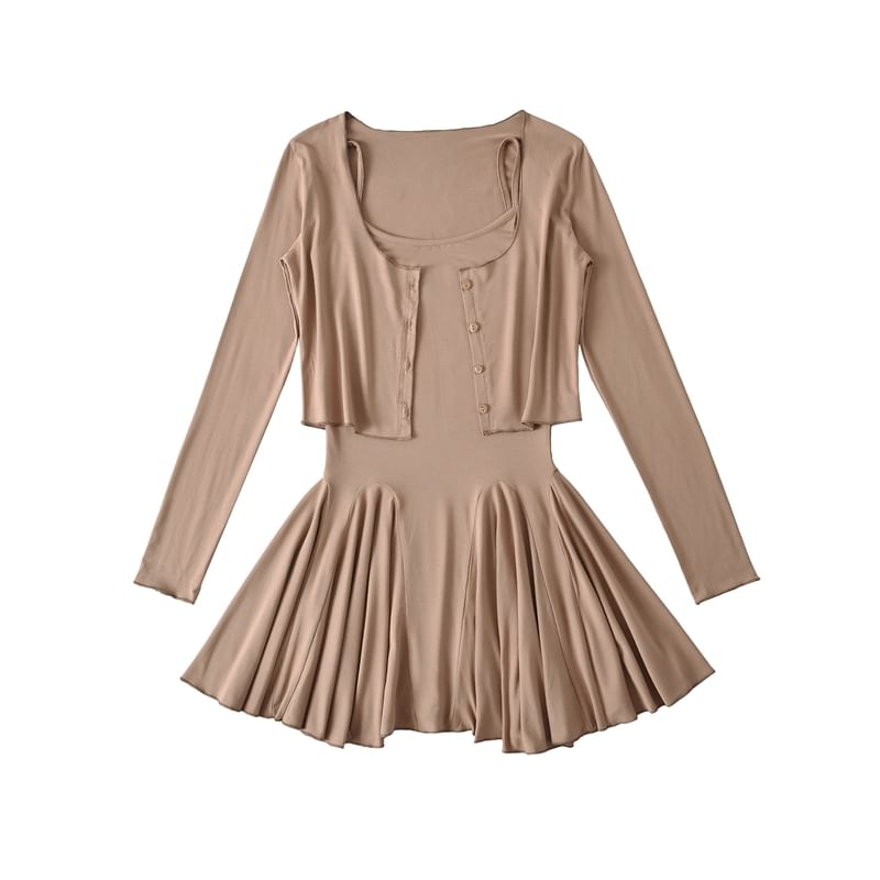 Set: Spaghetti Strap Scoop Neck Plain Mini A-Line Dress + Plain Cardigan