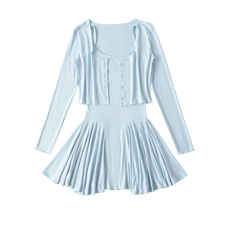 Set: Spaghetti Strap Scoop Neck Plain Mini A-Line Dress + Plain Cardigan