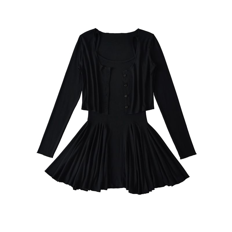 Set: Spaghetti Strap Scoop Neck Plain Mini A-Line Dress + Plain Cardigan