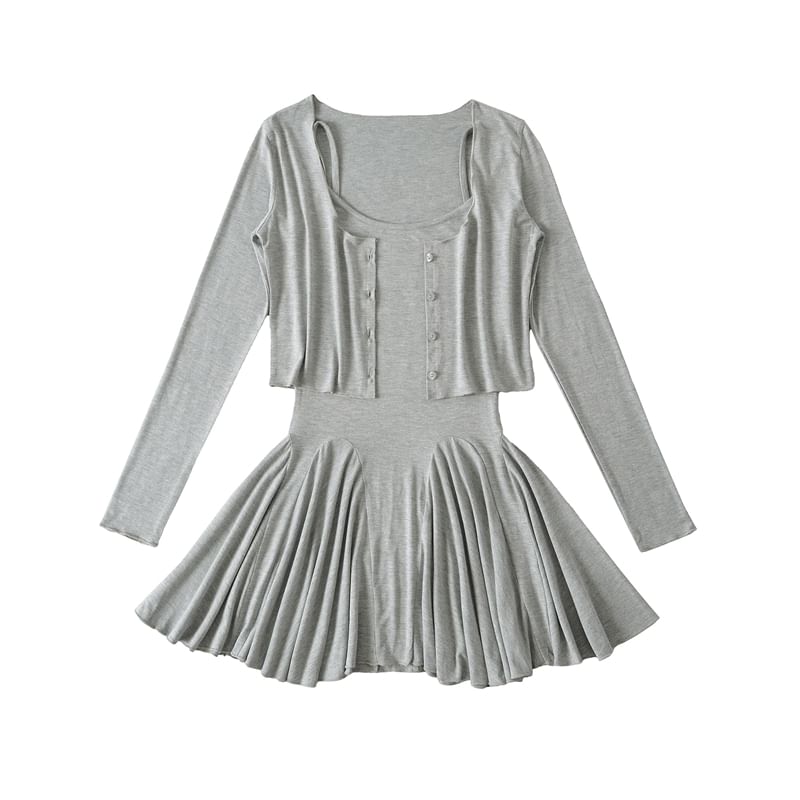 Set: Spaghetti Strap Scoop Neck Plain Mini A-Line Dress + Plain Cardigan