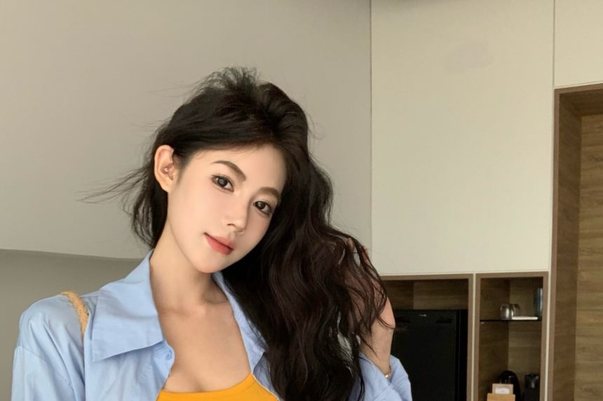 Spaghetti Strap Plain Mini Bodycon Dress / Long-Sleeve Oversized Shirt