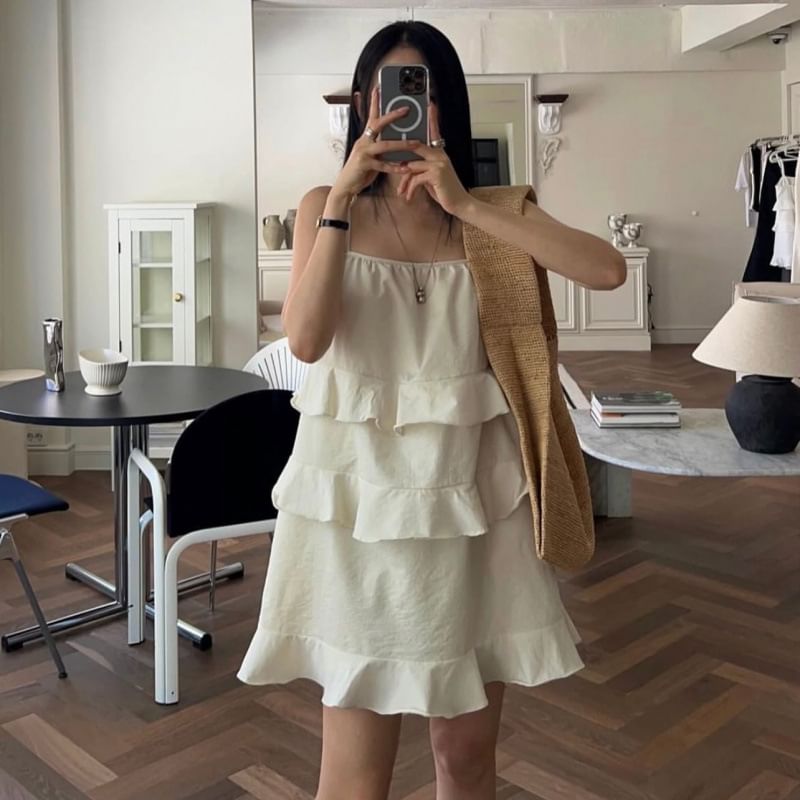 Spaghetti Strap Plain Ruffled Mini A-Line Dress