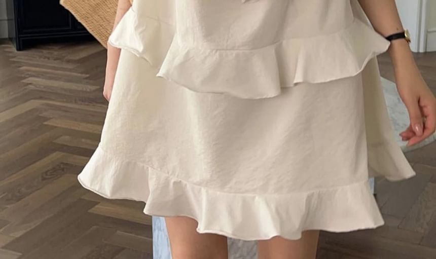 Spaghetti Strap Plain Ruffled Mini A-Line Dress