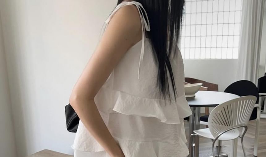 Spaghetti Strap Plain Ruffled Mini A-Line Dress