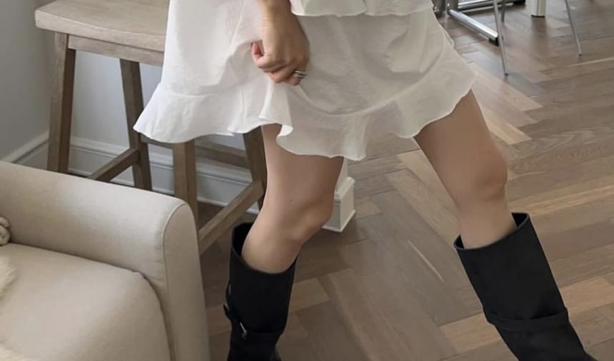 Spaghetti Strap Plain Ruffled Mini A-Line Dress