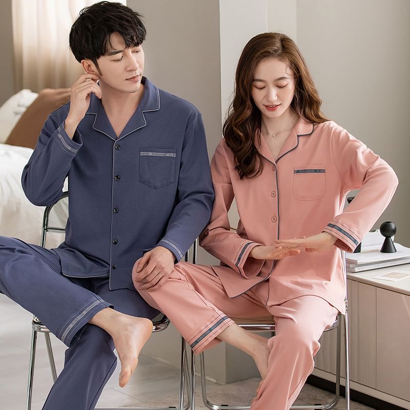 Couple Matching Pajama Set: Long-Sleeve Lapel Collar Contrast Trim Shirt + Pants