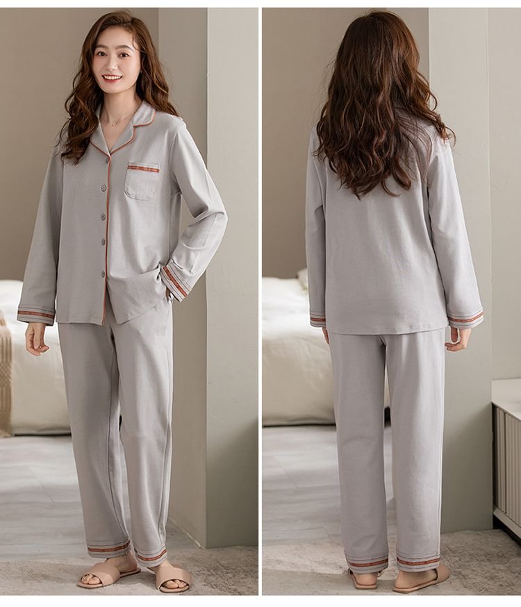 Couple Matching Pajama Set: Long-Sleeve Lapel Collar Contrast Trim Shirt + Pants