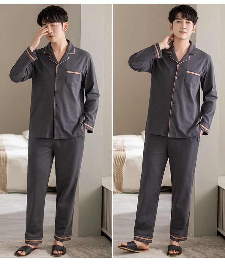 Couple Matching Pajama Set: Long-Sleeve Lapel Collar Contrast Trim Shirt + Pants