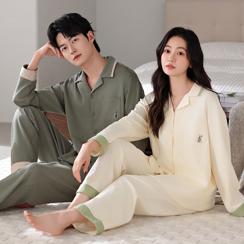 Couple Matching Pajama Set: Long-Sleeve Lapel Collar Contrast Trim Shirt + Pants