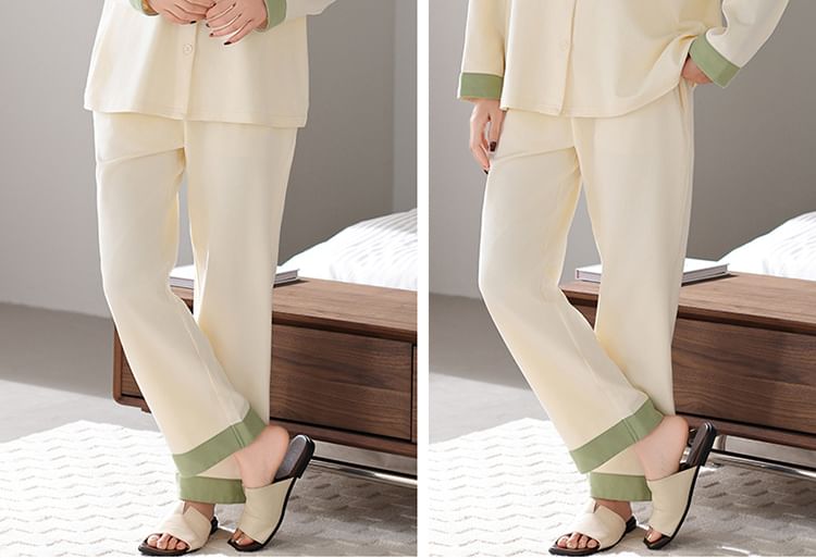Couple Matching Pajama Set: Long-Sleeve Lapel Collar Contrast Trim Shirt + Pants