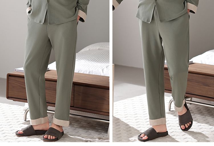 Couple Matching Pajama Set: Long-Sleeve Lapel Collar Contrast Trim Shirt + Pants