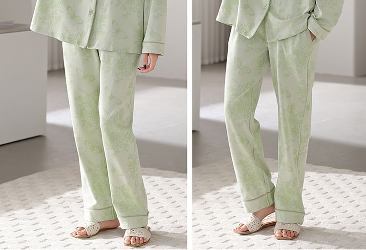 Couple Matching Pajama Set: Long-Sleeve Lapel Collar Floral Shirt + Pants