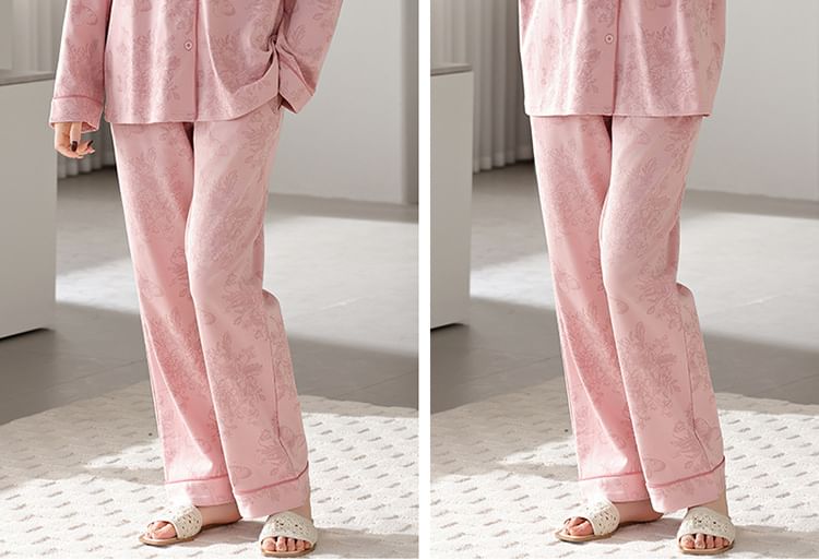 Couple Matching Pajama Set: Long-Sleeve Lapel Collar Floral Shirt + Pants