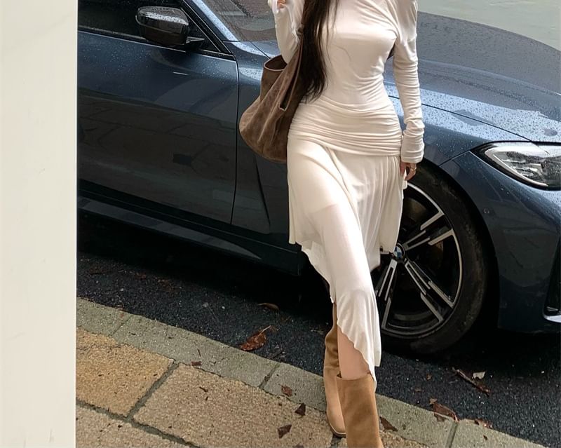 Set: Long-Sleeve Off-Shoulder Plain Asymmetrical Ruched Sheer A-Line Dress + Spaghetti Strap Mini Dress