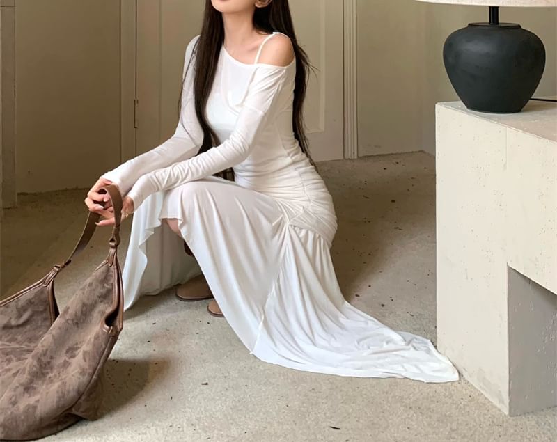 Set: Long-Sleeve Off-Shoulder Plain Asymmetrical Ruched Sheer A-Line Dress + Spaghetti Strap Mini Dress