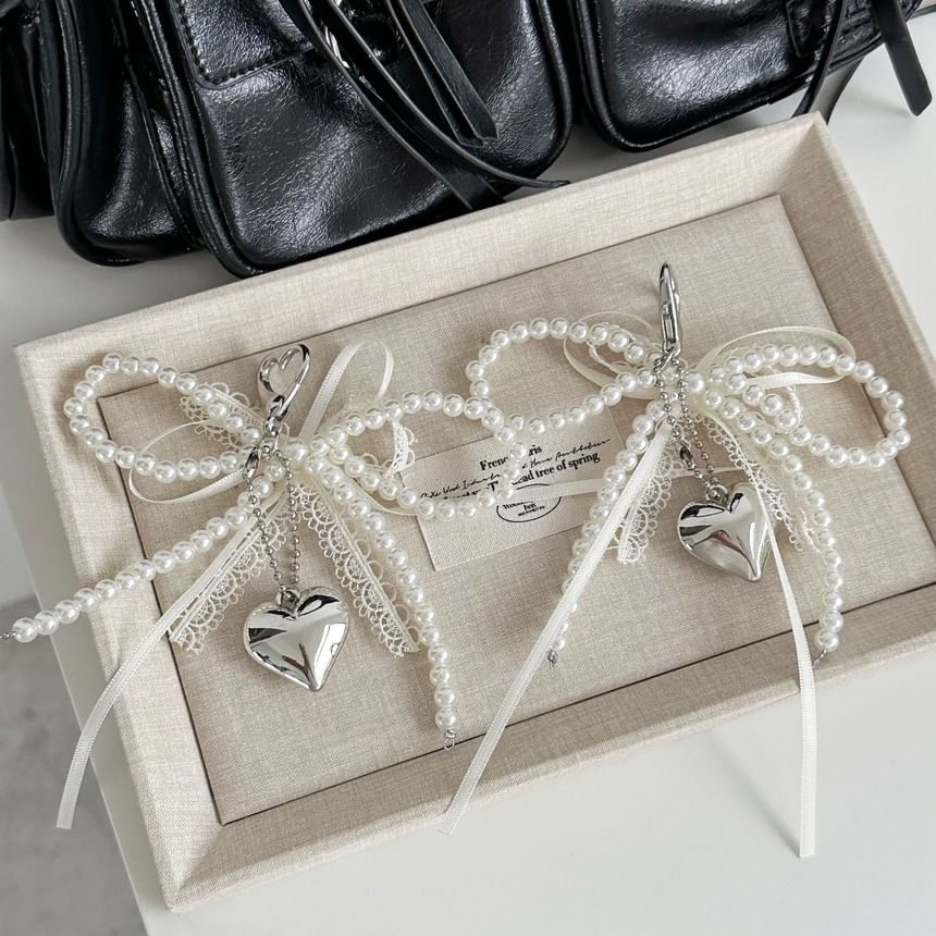 Heart Faux Pearl Bow Bag Charm