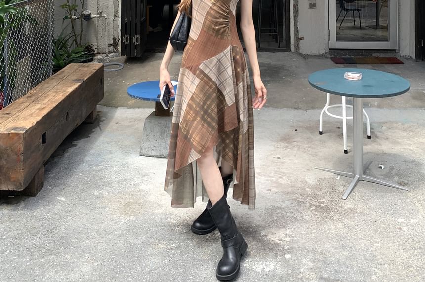Spaghetti Strap Plaid Asymmetrical Midi A-Line Dress