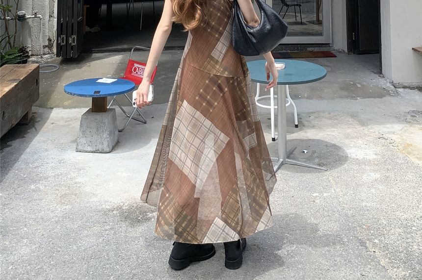 Spaghetti Strap Plaid Asymmetrical Midi A-Line Dress