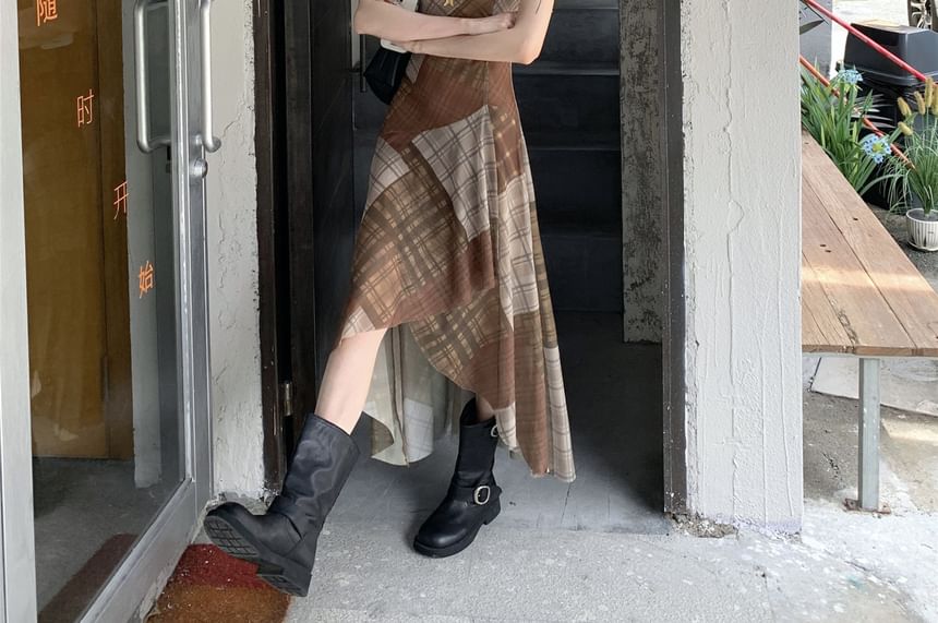 Spaghetti Strap Plaid Asymmetrical Midi A-Line Dress