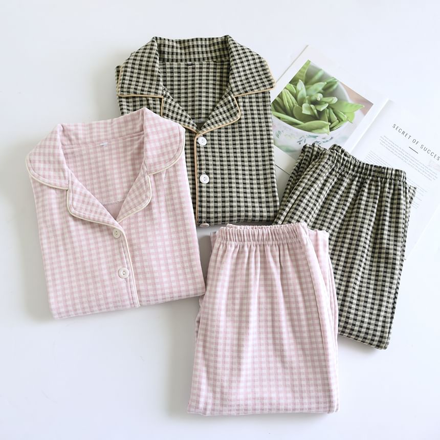 Couple Matching Pajama Set: Long-Sleeve Notch Lapel Gingham Button Top + Pants (Various Designs)