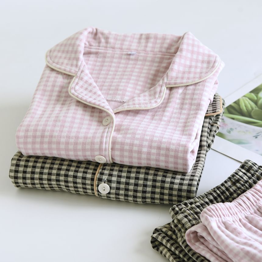 Couple Matching Pajama Set: Long-Sleeve Notch Lapel Gingham Button Top + Pants (Various Designs)
