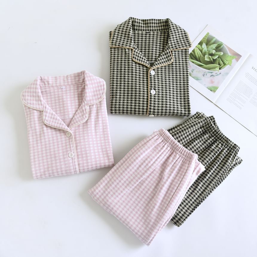 Couple Matching Pajama Set: Long-Sleeve Notch Lapel Gingham Button Top + Pants (Various Designs)