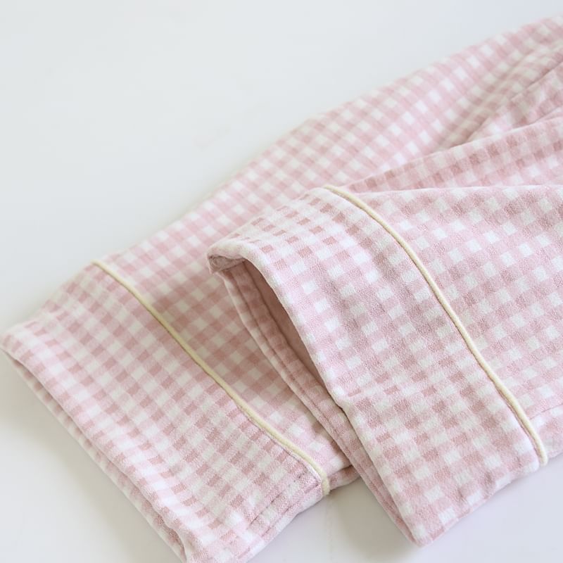 Couple Matching Pajama Set: Long-Sleeve Notch Lapel Gingham Button Top + Pants (Various Designs)