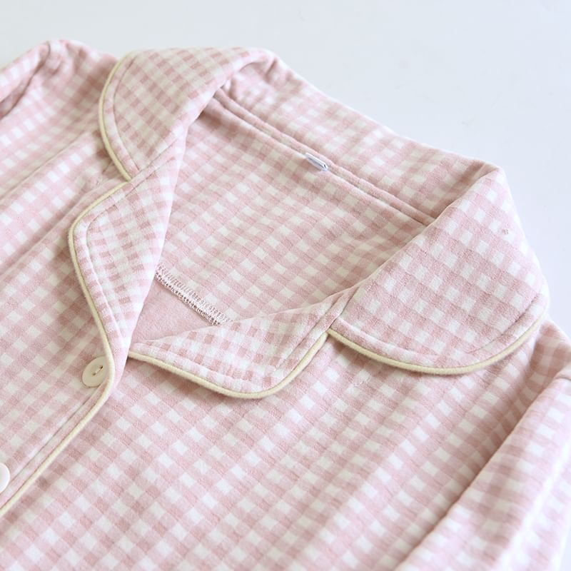 Couple Matching Pajama Set: Long-Sleeve Notch Lapel Gingham Button Top + Pants (Various Designs)