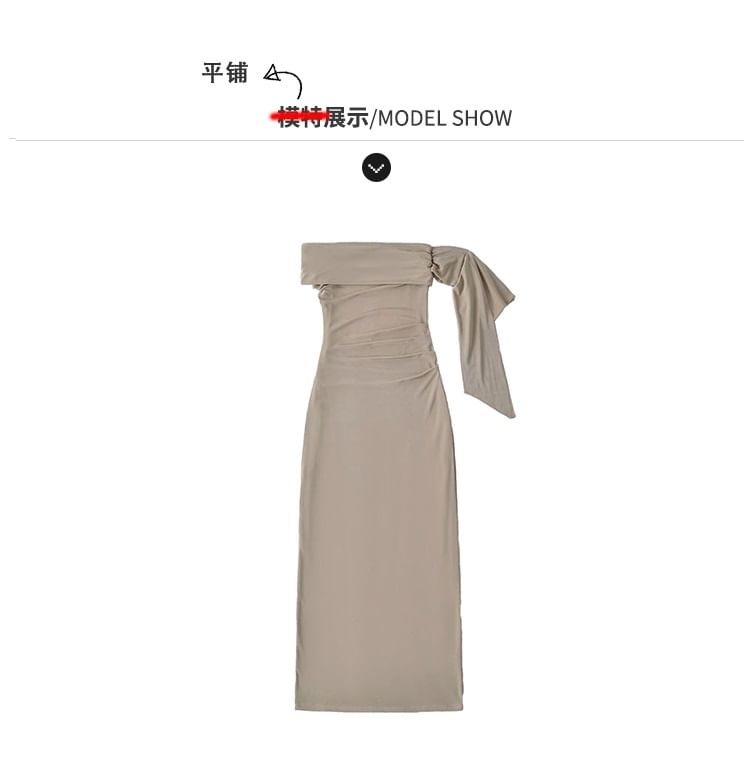 Short-Sleeve Off-Shoulder Plain Ruched Maxi Bodycon Dress