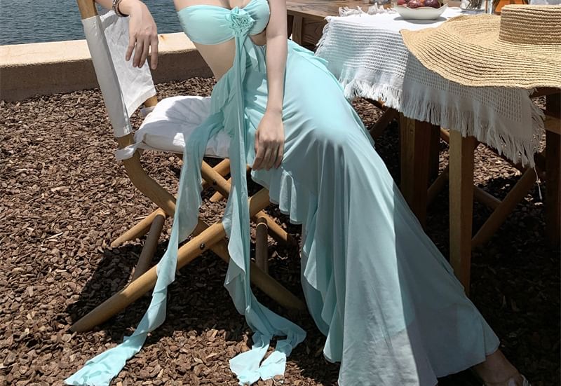 Halter Neck Plain Cutout Maxi A-Line Dress