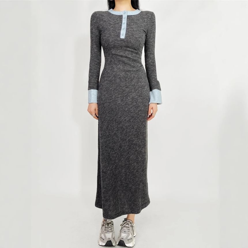 Long-Sleeve Henley Contrast Trim Ruched Maxi Sheath Knit Dress