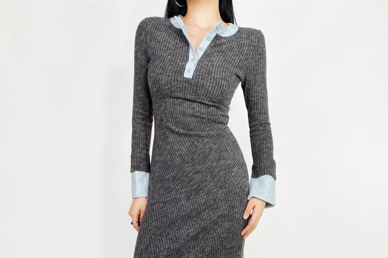 Long-Sleeve Henley Contrast Trim Ruched Maxi Sheath Knit Dress