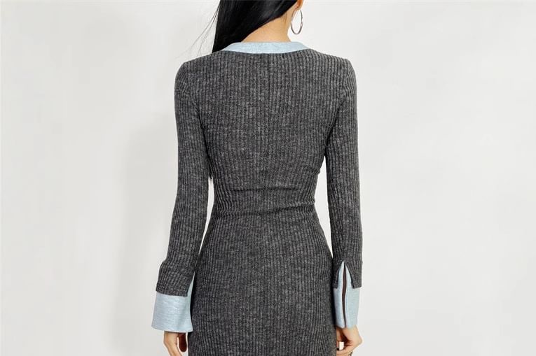 Long-Sleeve Henley Contrast Trim Ruched Maxi Sheath Knit Dress
