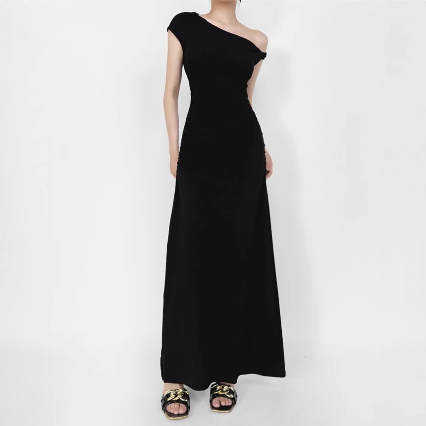 Cap-Sleeve Off-Shoulder Plain Asymmetrical Ruched Maxi A-Line Dress