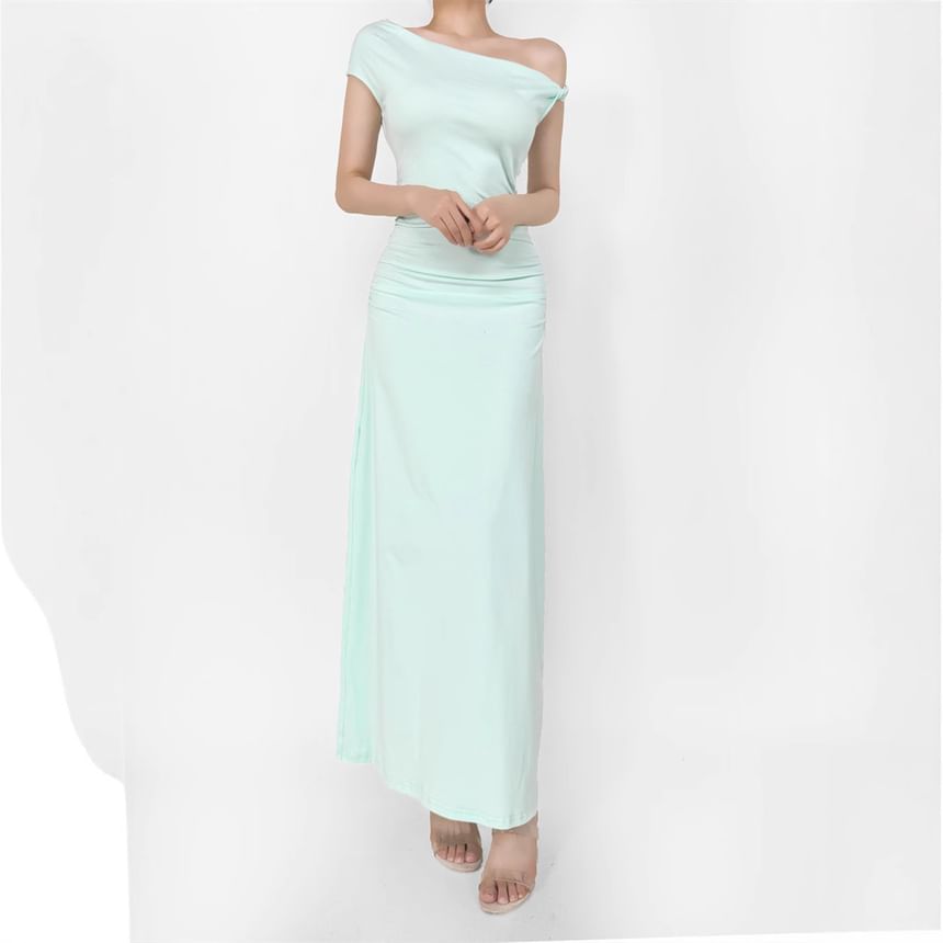 Cap-Sleeve Off-Shoulder Plain Asymmetrical Ruched Maxi A-Line Dress