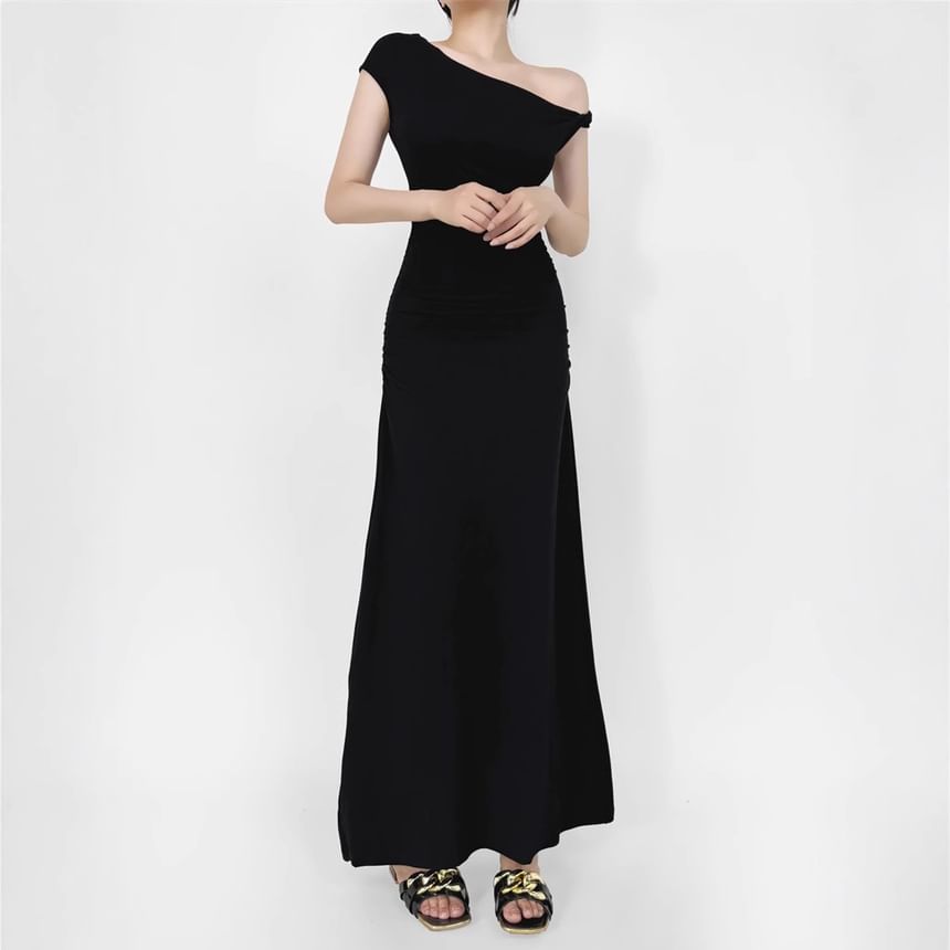 Cap-Sleeve Off-Shoulder Plain Asymmetrical Ruched Maxi A-Line Dress
