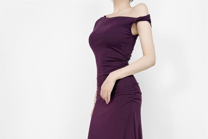Cap-Sleeve Off-Shoulder Plain Asymmetrical Ruched Maxi A-Line Dress