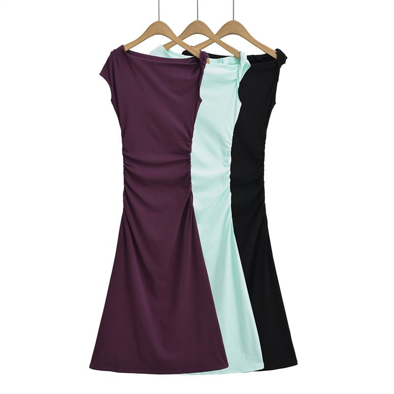 Cap-Sleeve Off-Shoulder Plain Asymmetrical Ruched Maxi A-Line Dress