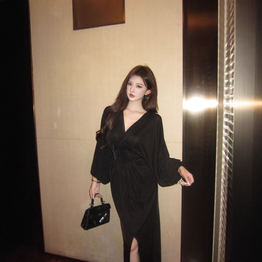 Long-Sleeve V-Neck Plain Slit Maxi Sheath Dress