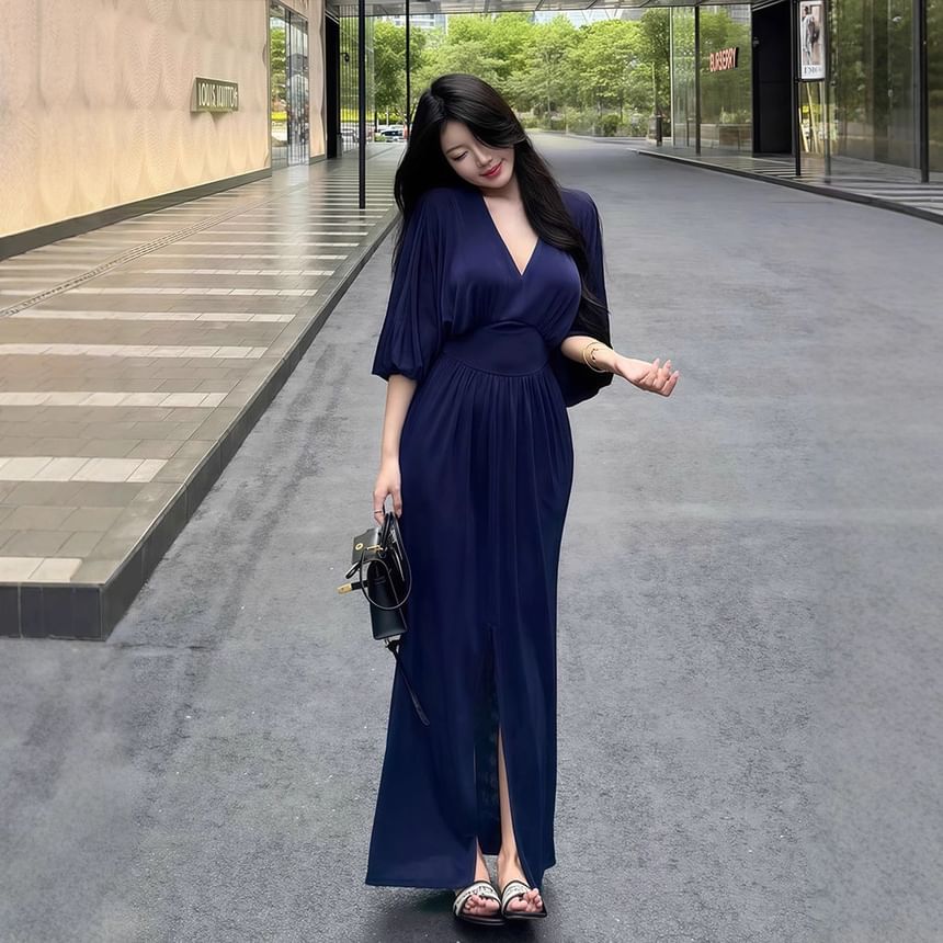Long-Sleeve V-Neck Plain Slit Maxi Sheath Dress