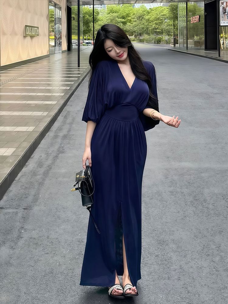 Long-Sleeve V-Neck Plain Slit Maxi Sheath Dress