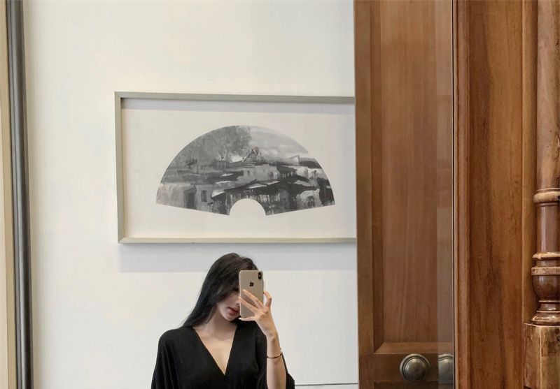 Long-Sleeve V-Neck Plain Slit Maxi Sheath Dress