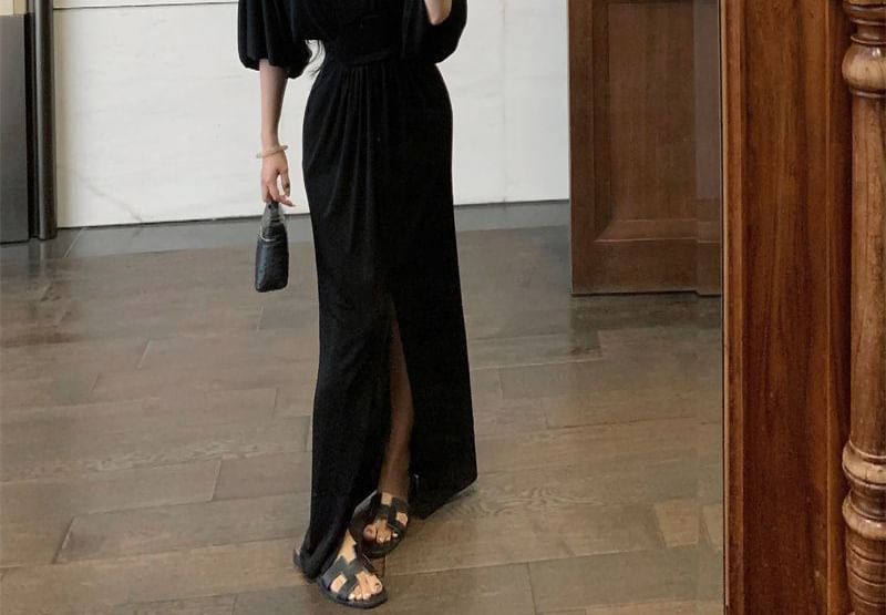 Long-Sleeve V-Neck Plain Slit Maxi Sheath Dress