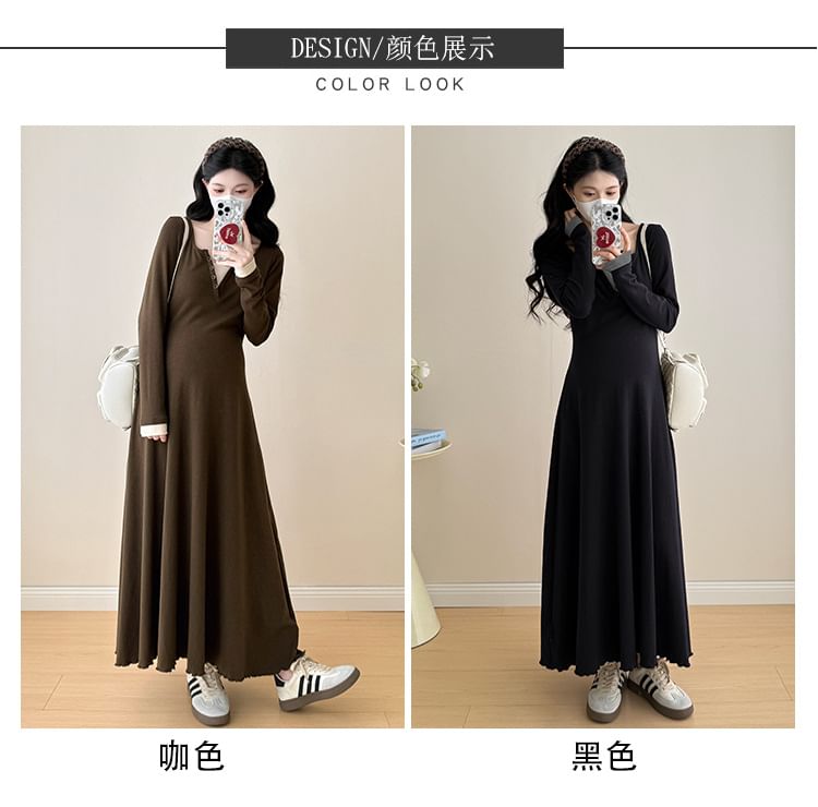 Maternity Mock Two-Piece Long-Sleeve Notch Neck Two Tone Maxi A-Line Dress
